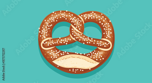 Golden brown soft pretzel sprinkled with large crystals of salt is centered on a vibrant turquoise blue background.
