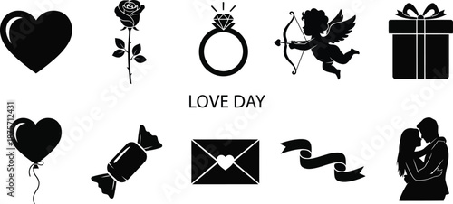 Black silhouettes of love symbols and couple embracing on white background with heart rose ring cupid gift box balloon candy envelope ribbon