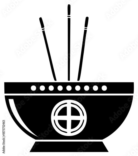 Black and white illustration of an incense burner with sticks and a circular symbol