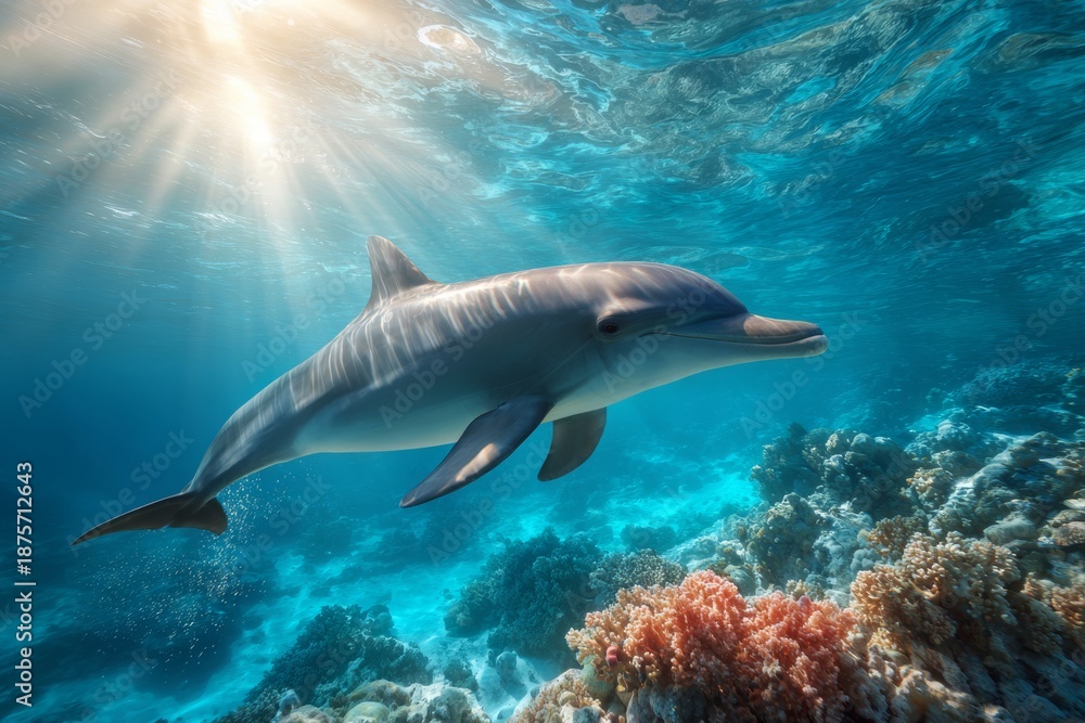 Obraz premium Dolphin Swims Near Coral Reef in Clear Water During Sunny Day in Ocean