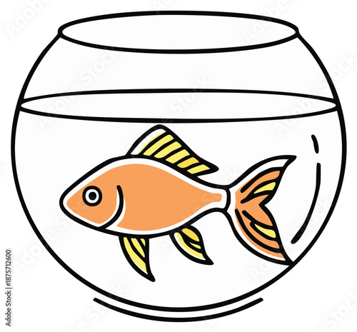 Cartoon of a goldfish swimming in a glass bowl with outline