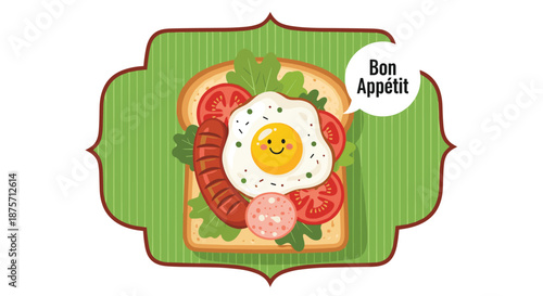 Nutritious open faced sandwich on toast topped with a fried egg, sausage, tomato slices, and lettuce for a healthy breakfast.