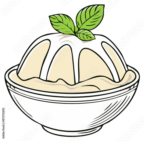 Cartoon illustration of a creamy dip or pudding in a bowl with white sauce and a fresh mint garnish