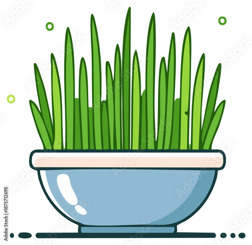 Green grass blades grow in light blue pot in vector style
