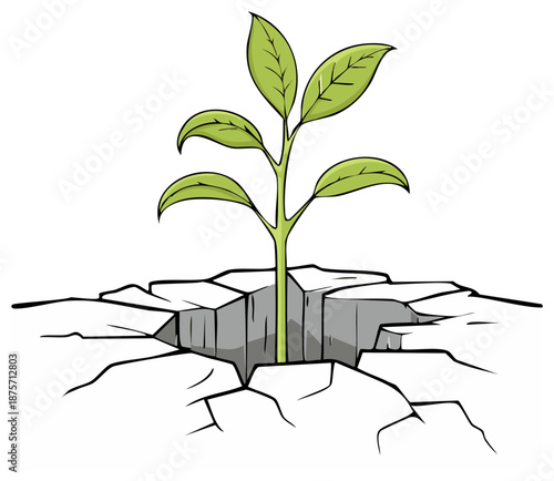 Vibrant green plant sprouts from cracked dry earth showing resilience and new life emerging
