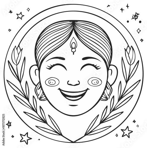 Traditional happy woman face with decorative bindi, framed by elegant floral wreath and whimsical stars, monochrome line drawing