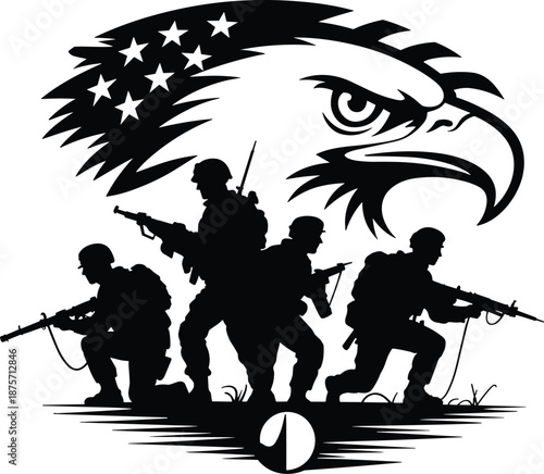 Soldiers with eagle and american flag silhouette on white background