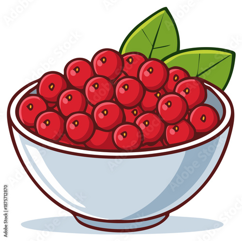 A bowl overflowing with ripe red berries and two green leaves on a plain background