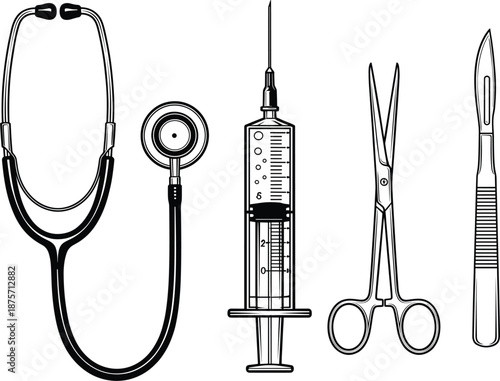 Professional medical surgical tool set including stethoscope clinical syringe stainless steel forceps and surgical scalpel vector illustration,