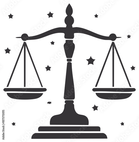 Symbolic justice balance scales with cosmic stars representing law and equality