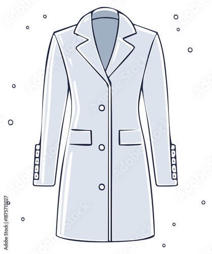 Illustrated light blue overcoat. Fashion apparel with buttons.