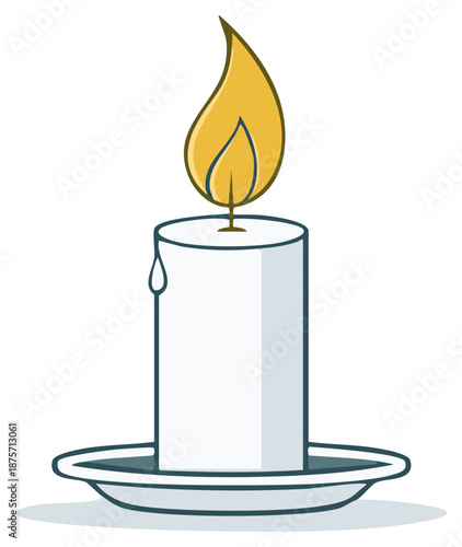 Cartoon burning candle with bright flame on saucer, minimal illustration
