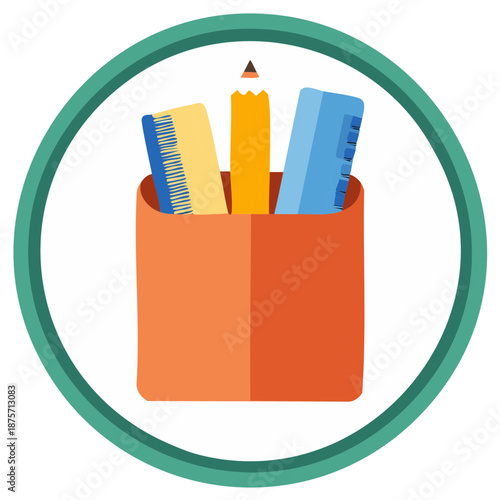 Colorful desk organizer with pencil comb and ruler stationery supplies flat design icon concept