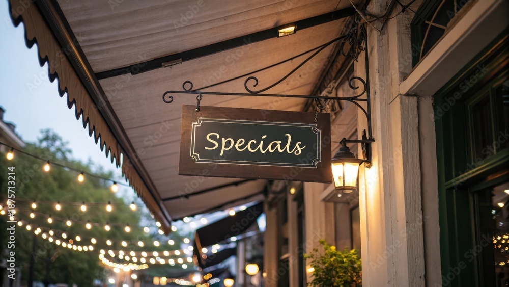 Obraz premium Wooden Specials Sign Hanging From Awning With Ambient Lighting