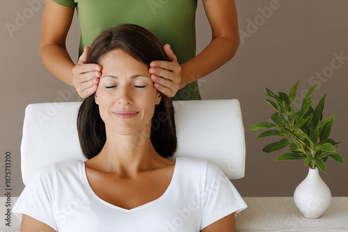 Woman receiving a relaxing head massage from a therapist in a serene environment, promoting wellness and tranquility, with greenery in the background enhancing the calming atmosphere