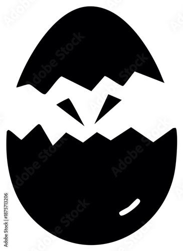 Black silhouette of a cracked egg with a triangular opening and pointed inner fragments
