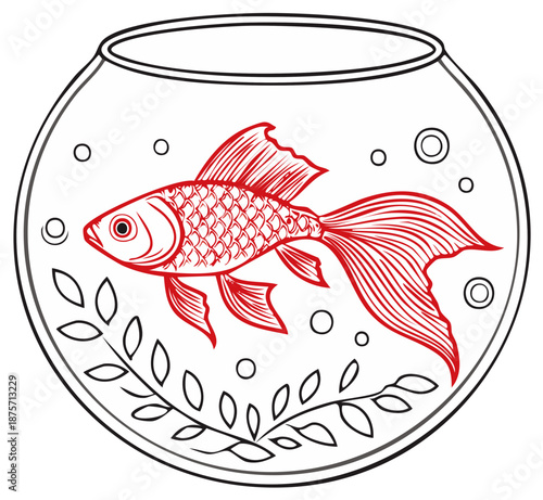 Stylized Goldfish in Bowl Illustration featuring Underwater Plants and Bubbles