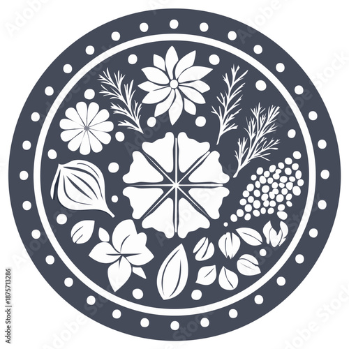 Floral Arrangement Decorative Medallion with Flowers Herbs and Berries