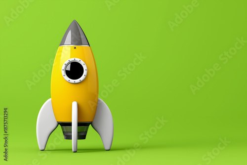 Yellow rocket illustration with sleek design and white fins, set against a vibrant green background, symbolizing innovation and adventure in space exploration
