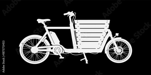 A white cargo bicycle illustration on a black background viewed from the side
