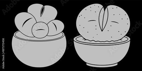 Illustration of bowls with fruit on a black background viewed from the front