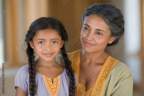 Asian woman and girl with braided hair, smiling together in  warm, inviting indoor setting, showcasing a loving family bond and joyful connection between generations