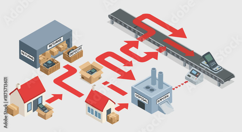 Illustration depicting complex product supply chain logistics and manufacturing process flow