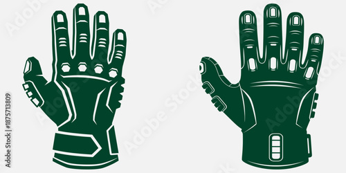 Futuristic robotic hands with glowing accents in a dark green hue against a light background from a straightforward viewpoint
