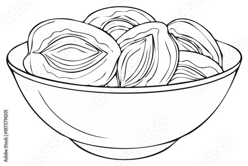 Outline drawing of a bowl filled with delicious dried fruits perfect for healthy snacks or sweet treats