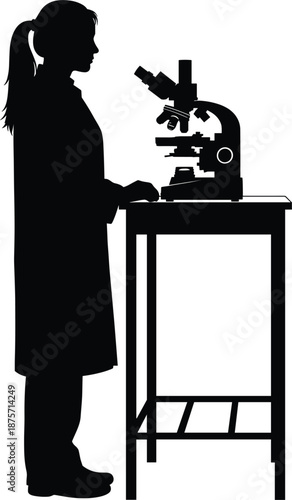 Silhouette of female scientist in lab coat conducting research using professional optical microscope on laboratory desk for scientific discovery.