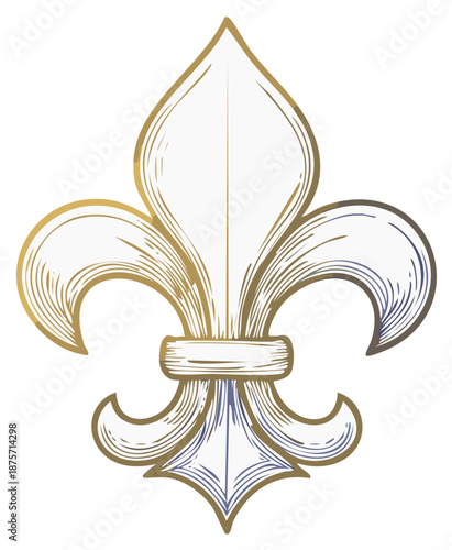 Elegant golden fleur de lis royal symbol with intricate engraved details and blue accents