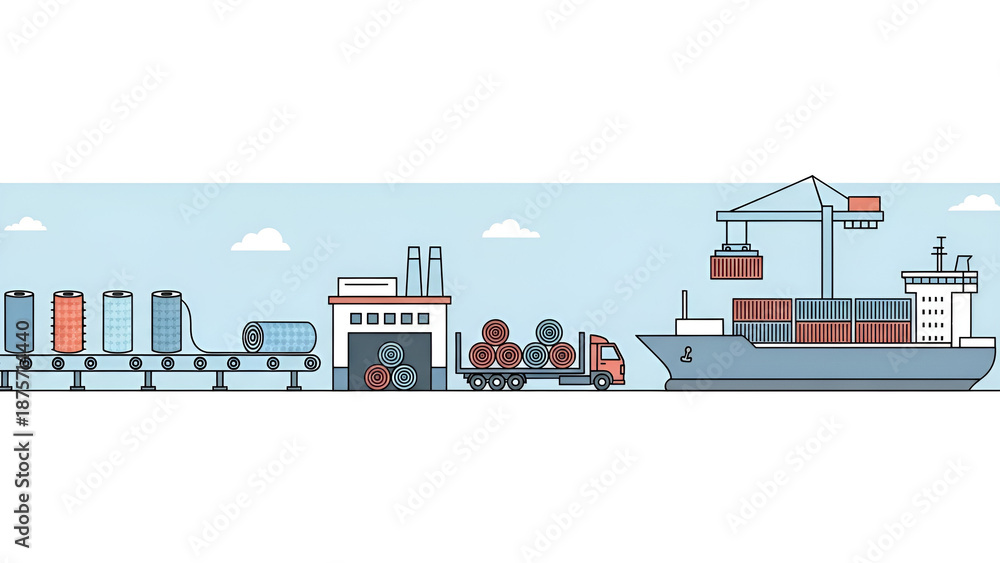 Obraz premium Textile manufacturing transports product across factory truck and ship demonstrating global supply chain.