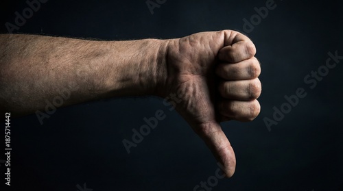 A close-up image of a hand making a thumbs-down gesture against a dark background, conveying disapproval or negativity.