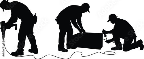Silhouette of construction workers using tools and teamwork on job site, carpentry labor scene with drill, workbench, and manual craftsmanship in black vector style