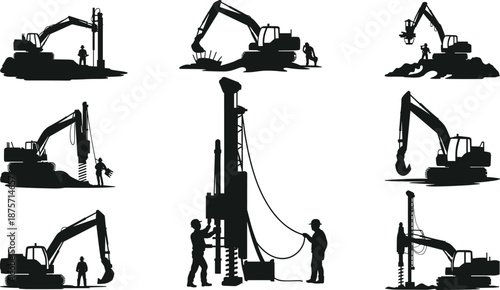 Excavator and construction worker silhouettes — drilling, digging, and equipment operation scenes in black vector style for industrial, engineering, and site visuals.
