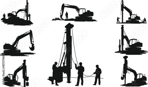 Heavy machinery and construction silhouettes — excavators, drilling rigs, and workers operating equipment for foundation work, site development, and industrial engineering visuals.