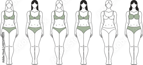 Female body types comparison in green underwear, breast size variation from small to large, stylized fashion anatomy silhouettes for health, lingerie, and apparel design