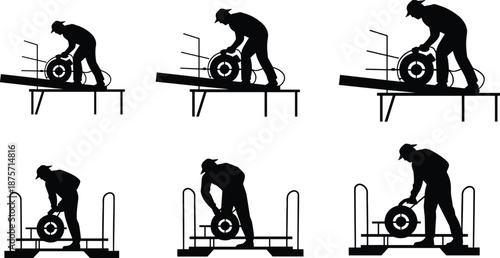 Silhouette illustration comparing safe and unsafe circular saw operation with guardrails, ideal for workplace safety visuals, training materials, and industrial design.
