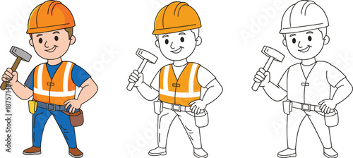 Cartoon-style illustration of construction worker with hammer in three coloring stages, ideal for educational materials, coloring books, and design progression visuals.