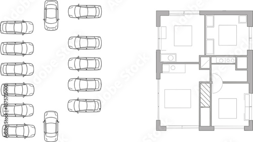 Architectural top-down layout showing residential apartment floor plan and organized parking lot design, ideal for urban planning, housing development, and real estate visualization.