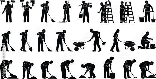 Silhouettes of construction workers performing tasks with rollers, shovels, wheelbarrows, and ladders, illustrating manual labor, tool usage, and site activity