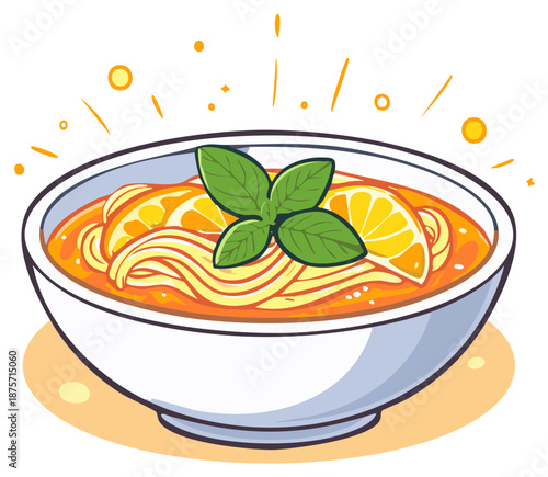 Appetizing cartoon illustration of a hot noodle soup bowl with lemon and fresh basil garnish