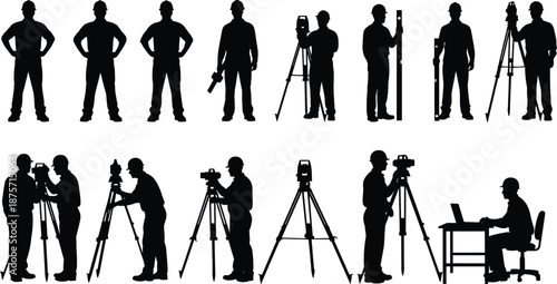 Silhouettes of surveyors using tripods, laptops, and measuring tools, illustrating land surveying roles, equipment interaction, and construction site collaboration