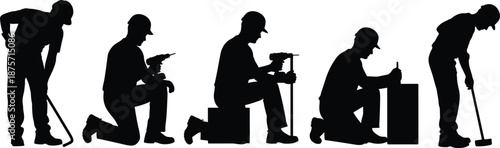 Silhouettes of construction workers using crowbars, drills, chisels, and sledgehammers, illustrating manual labor, tool diversity, and occupational task variety