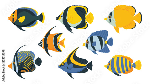 Eight Tropical Fish Illustrations, Yellow, Black, and Blue Vertical Stripes, Marine Life, Ocean Wildlife, Vector Artwork.