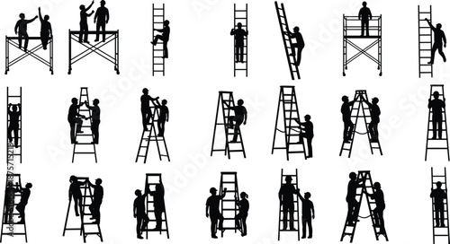 Silhouettes of workers interacting with ladders and scaffolds in various configurations, illustrating elevation access, teamwork, and construction or maintenance safety practices