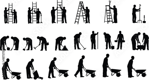 Silhouettes of construction workers performing manual tasks with ladders, tools, buckets, and wheelbarrows, illustrating teamwork, labor diversity, and site activity