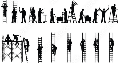 Silhouettes of construction workers using ladders, scaffolds, carts, and tools, illustrating diverse site tasks, manual labor, and safety-focused equipment interaction