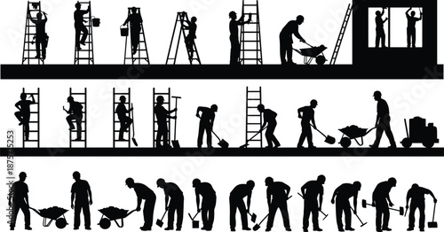 Silhouettes of construction workers performing diverse manual tasks with tools, ladders, and wheelbarrows, illustrating labor roles, coordination, and site activity variety
