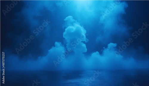 A serene blue sky with white clouds reflects over the calm sea as a bright sun illuminates the vast nature and airy cloudscape of a clear day